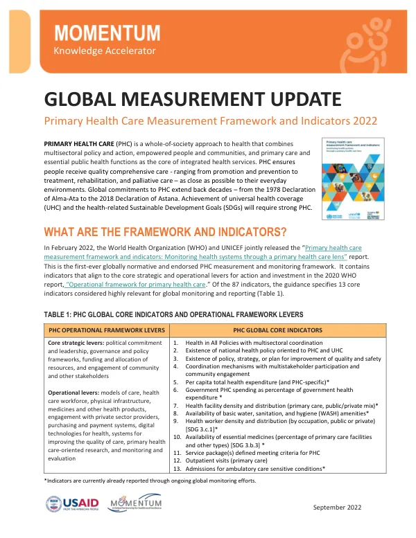 MOMENTUM Global Measurement Fact Sheet: PHC Indicators