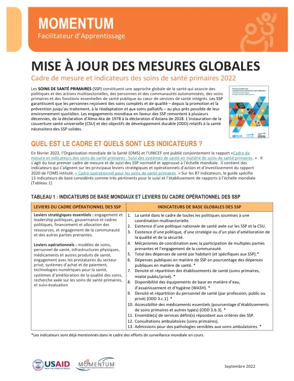 MOMENTUM Global Measurement Fact Sheet: Primary Health Care Indicators (French)