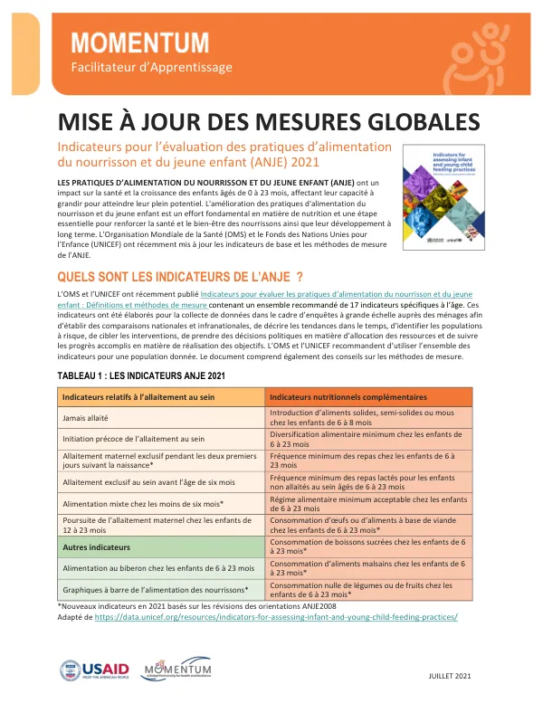 MOMENTUM Global Measurement Fact Sheet: IYCF Indicators and Methods (French)