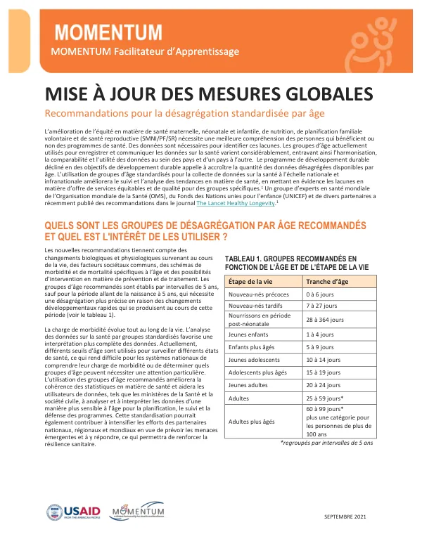 MOMENTUM Global Measurement Fact Sheet: Standardized Age Disaggregation Recommendations