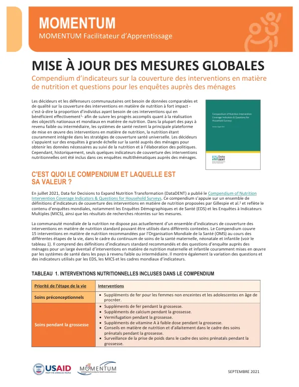 MOMENTUM Global Measurement Fact Sheet Compendium: Nutrition Intervention Coverage Indicators and Household Survey Questions