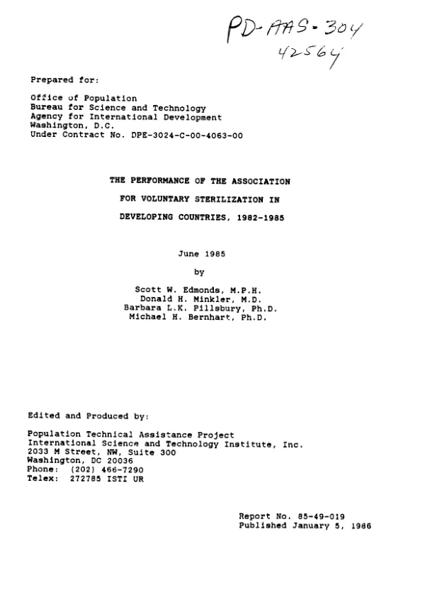 Performance of the Association for Voluntary Sterilization in developing countries, 1982-1985