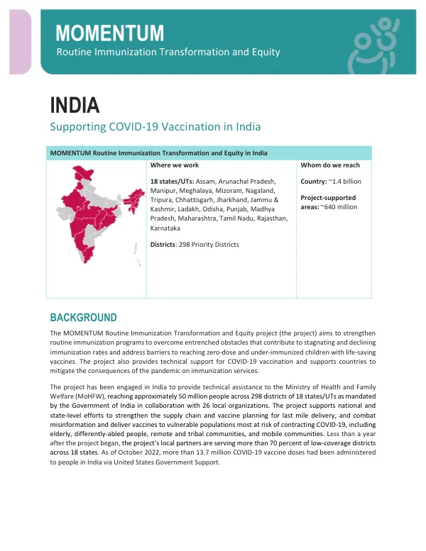 MOMENTUM Routine Immunization Transformation and Equity India Country Program Brief