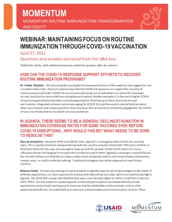 Q&A Summary: Maintaining Routine Immunization During COVID-19 Vaccination – MOMENTUM Webinar