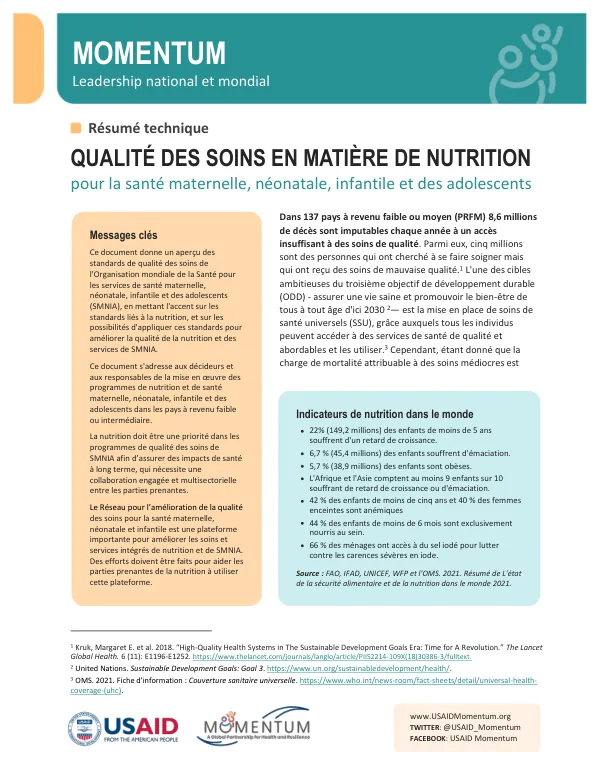 Nutrition Quality of Care Technical Brief: Maternal, Newborn, Child, and Adolescent Health