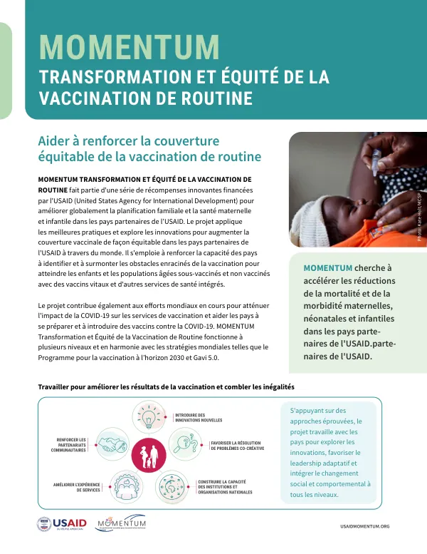 MOMENTUM Routine Immunization Transformation and Equity Project Fact Sheet (French)