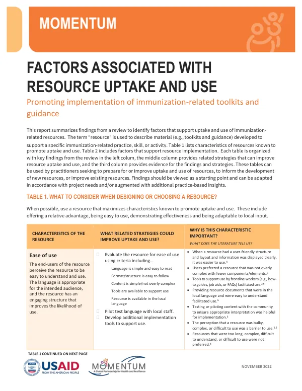 Factors in Immunization Resource Implementation and Uptake