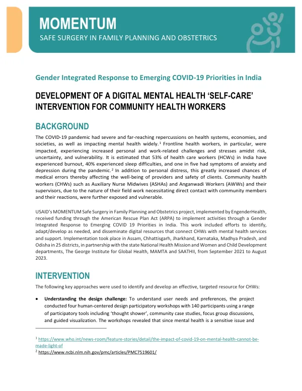 Digital Mental Health Self-Care Intervention for Community Health Workers: Technical Brief