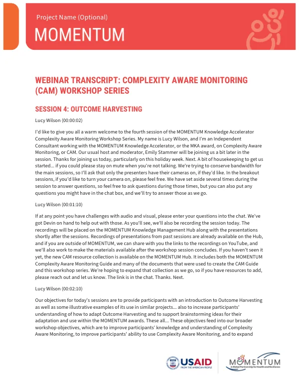 Webinar Transcript: Session 4 Outcome Harvesting