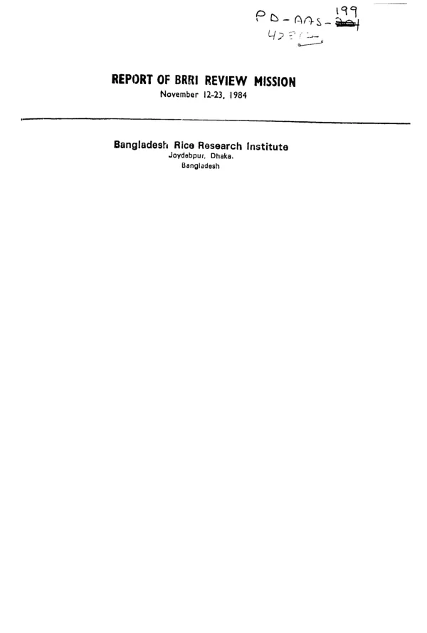 External review mission report, November 12-23, 1984 : rice research and training project, phase II, 1981-85
