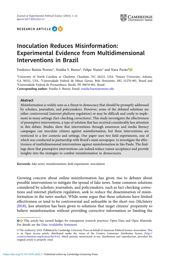Inoculation Reduces Misinformation in Brazil: Experimental Evidence