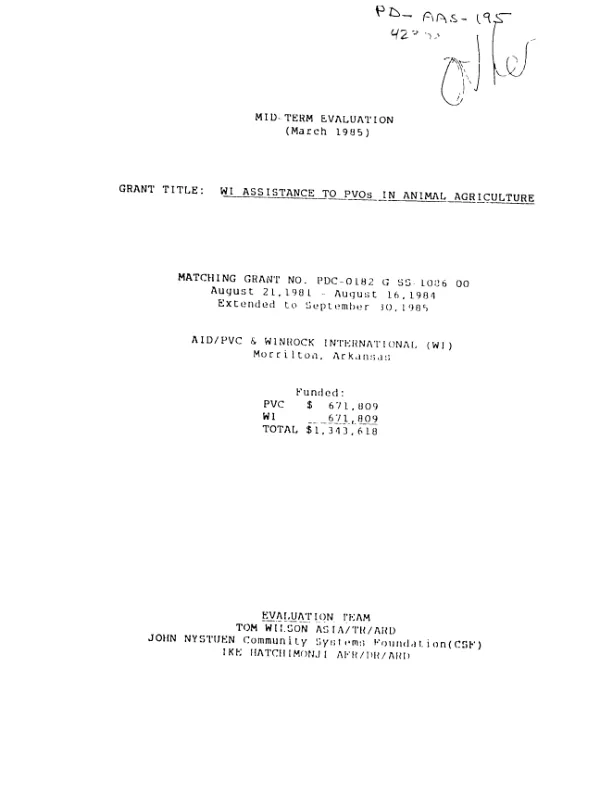Mid-term evaluation (March 1985) : WI assistance to PVOs in animal agriculture