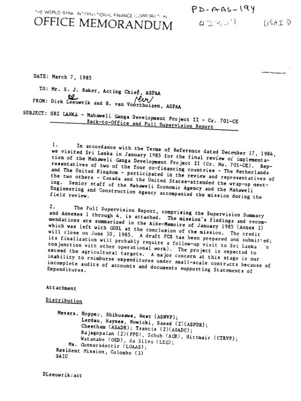 Sri Lanka - Mahaweli Ganga development project II - CR. 701-CE : back - to - office and full supervision report