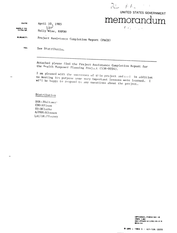 Project assistance completion (PAC) report : health manpower planning project, 538-0054