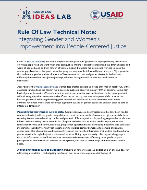Rule of Law Technical Note: Integrating Gender and Women's Empowerment into People-Centered Justice