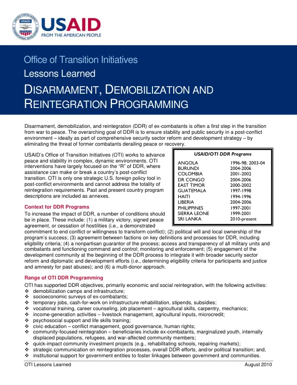 USAID/OTI Lessons Learned: Disarmament, Demobilization, and Reintegration Programming (2010)