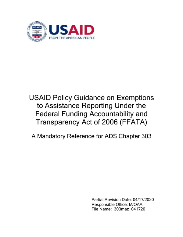 USAID Policy Guidance on Exemptions to Assistance Reporting Under the Federal Funding Accountability and Transparency Act of 2006 (FFATA)