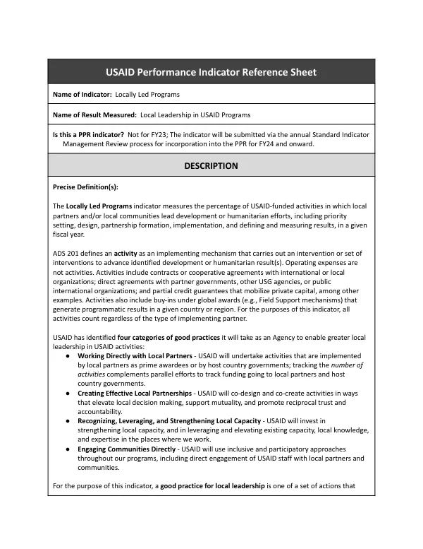 USAID Performance Indicator Reference Sheet