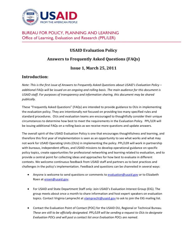 USAID Evaluation Policy: Answers to Frequently Asked Questions (FAQs)