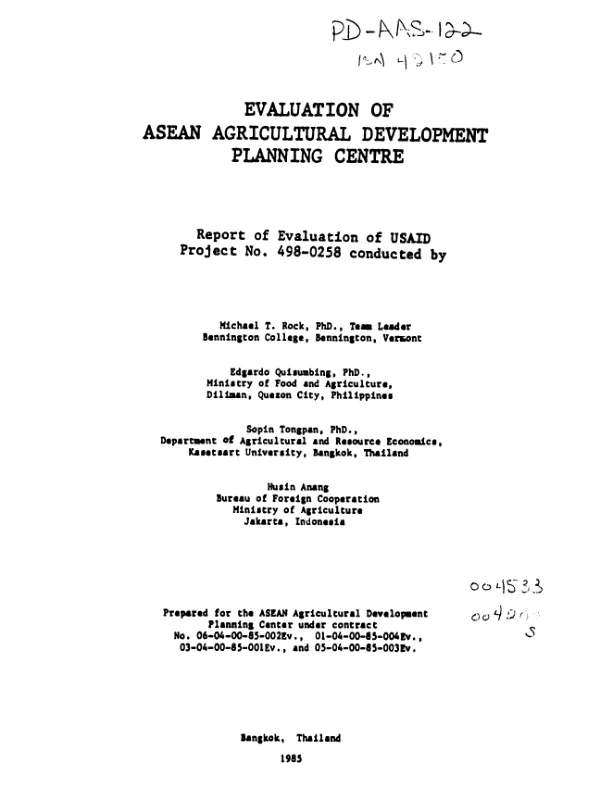 Evaluation of ASEAN Agricultural Development Planning Centre