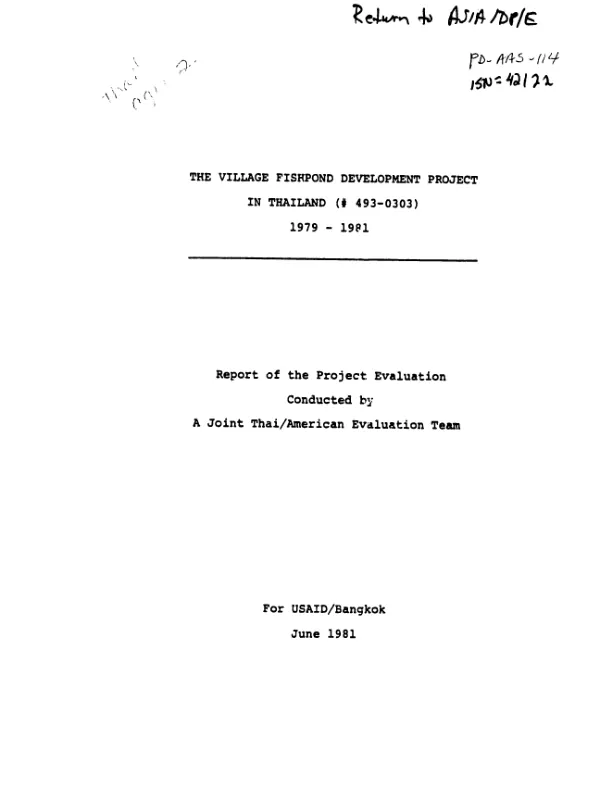 Village fishpond development project in Thailand 1979-1981 : report of the project evaluation conducted by a joint Thai/American evaluation team