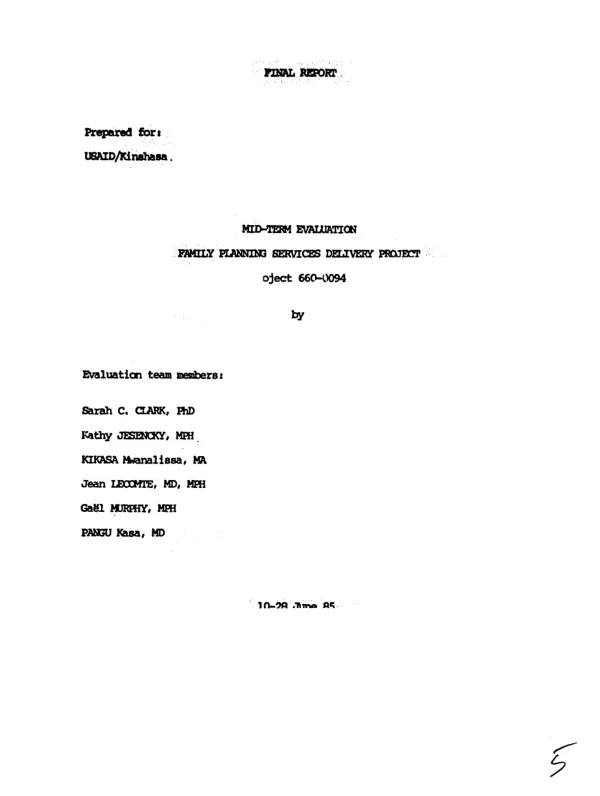 Final report : mid-term evaluation, family planning services delivery project, project 660-0094