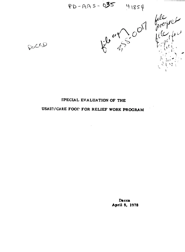 Special evaluation of the USAID/CARE food for relief work program