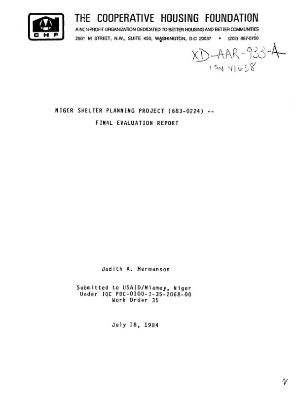 Niger shelter planning project (683-0224) -- final evaluation report