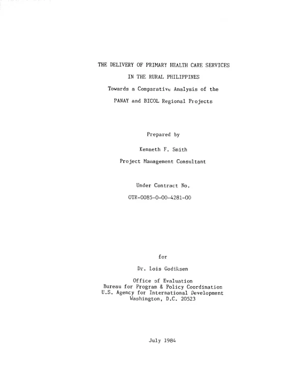 Delivery of primary health care services in the rural Philippines : towards a comparative analysis of the PANAY and BICOL regional projects