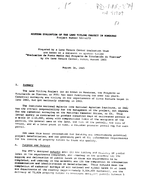 Midterm evaluation of the land titling project in Honduras