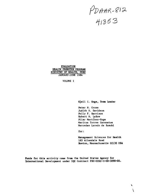 Evaluation : health promoter program, Ministry of Health, Peru, January - June 1984