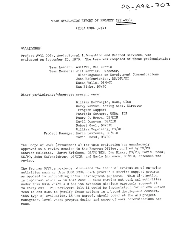 Team evaluation report of project 931-0064