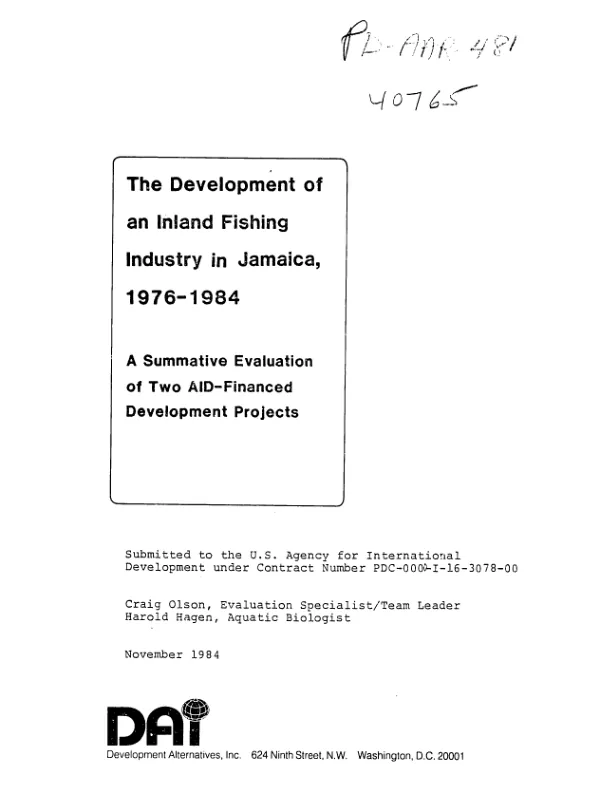 Development of inland fishing industry in Jamaica, 1976-1984 : a summative evaluation of two AID-financed development projects