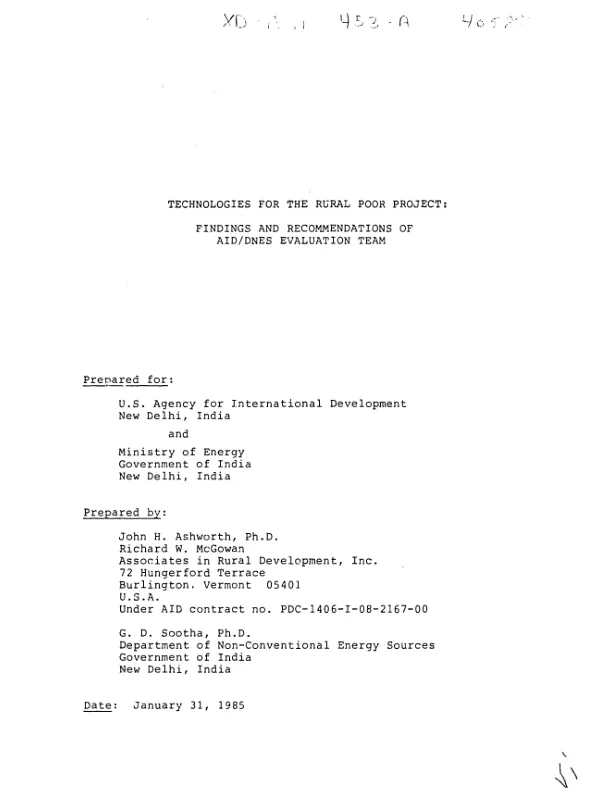 Technologies for the rural poor project : findings and recommendations of AID/DNES evaluation team