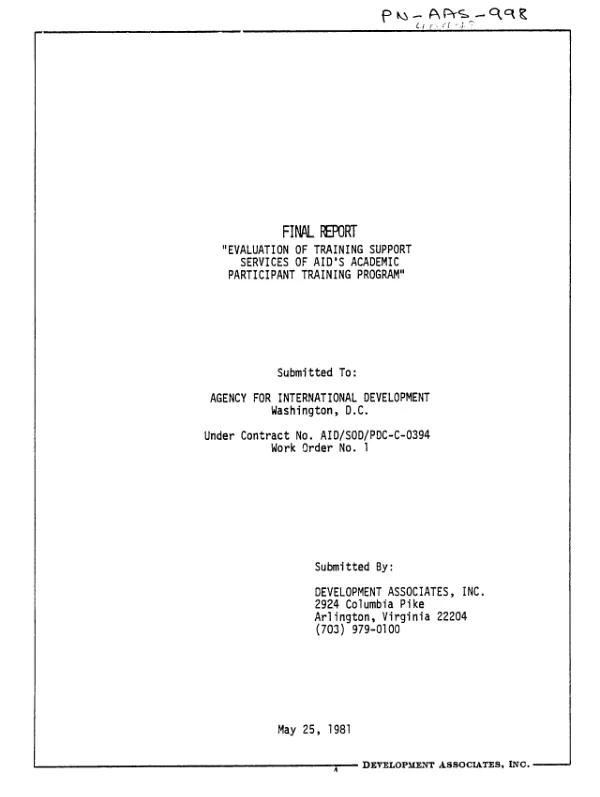 Final report : evaluation of training support services of AID's academic participant training program