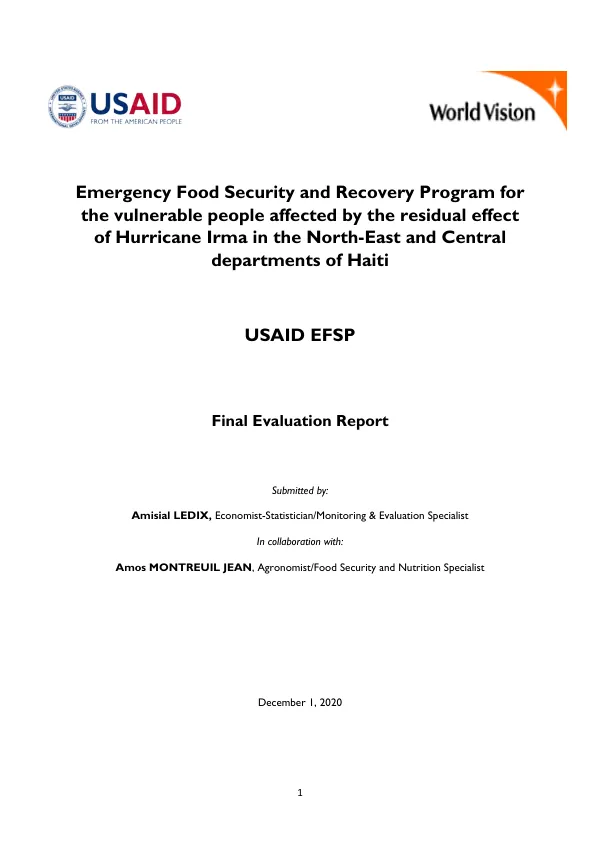 Emergency food security and recovery program for the vulnerable people affected by the residual effect of hurricane Irma in the north-east and central departments of Haiti : final evaluation report