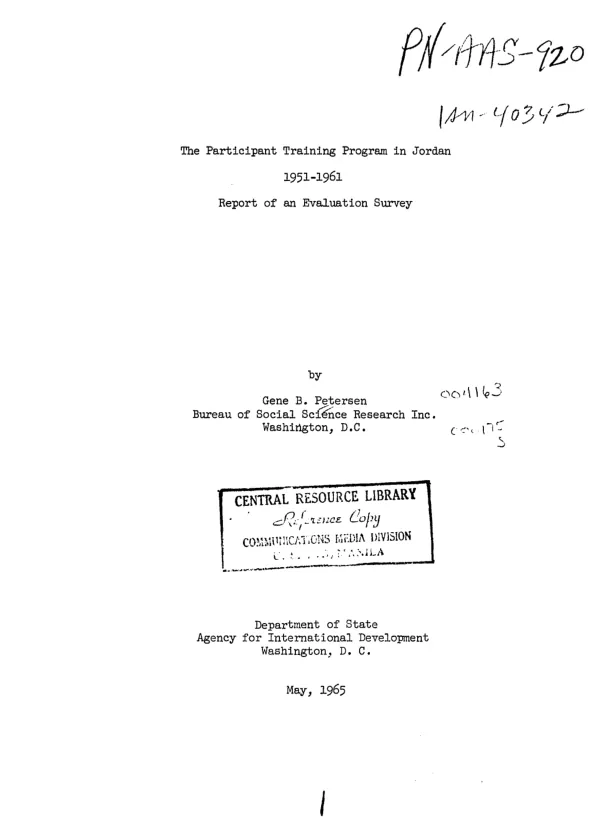 Participant training program in Jordan, 1951-1961 : report of an evaluation survey