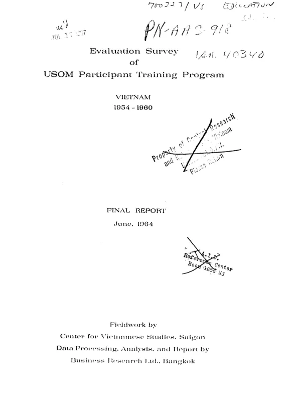 Evaluation survey of USOM participant training program, Vietnam 1954-1960 : final report