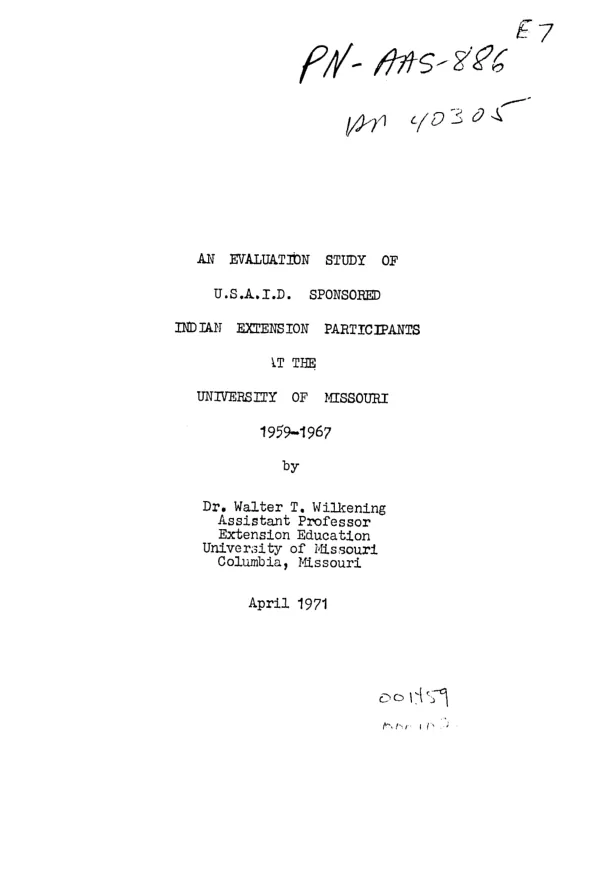 Evaluation study of USAID sponsored Indian extension participants at the University of Missouri, 1959-1967
