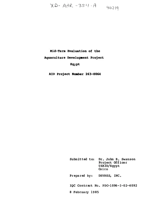 Mid-term evaluation of the aquaculture development project, Egypt : AID project number 263-0064