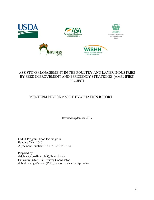 [USDA FY 2015 food for progress] "assisting management in the poultry and layer industries by feed improvement and efficiency strategies" (AMPLIFIES) project : mid-term performance evaluation report