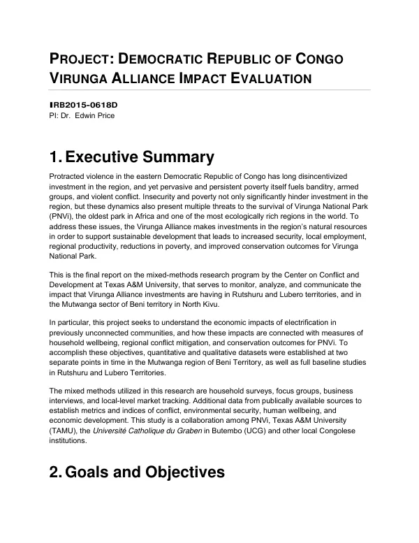 Project : Democratic Republic of Congo Virunga Alliance impact evaluation
