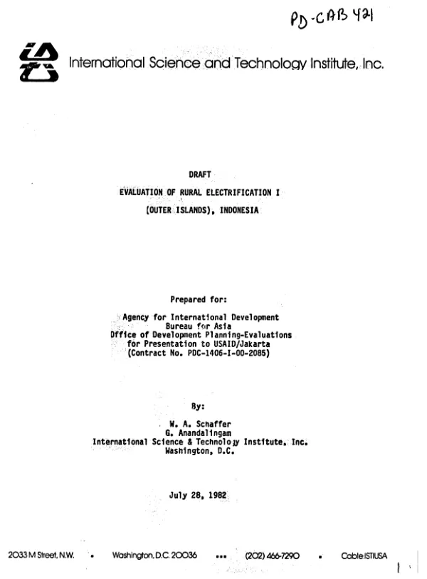 Evaluation of rural electrification I (Outer Islands), Indonesia