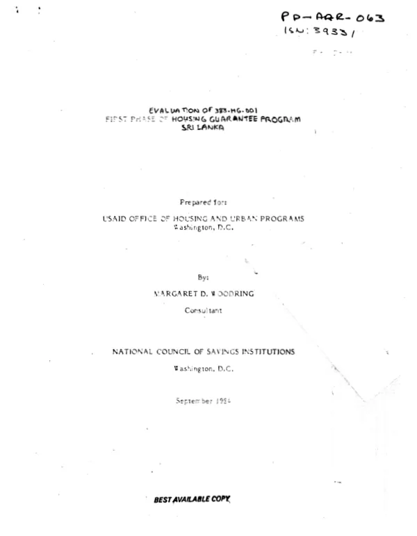 Evaluation of 383-HG-001 : first phase of housing guarantee program, Sri Lanka