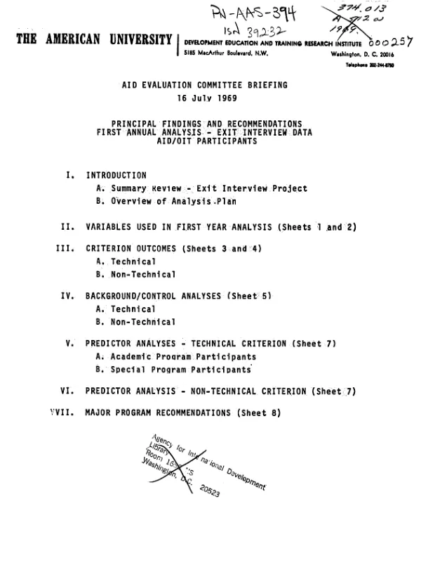 AID evaluation committee briefing, 16 July 1969 : principal findings and recommendations, first annual analysis - exit interview data AID/OIT participants