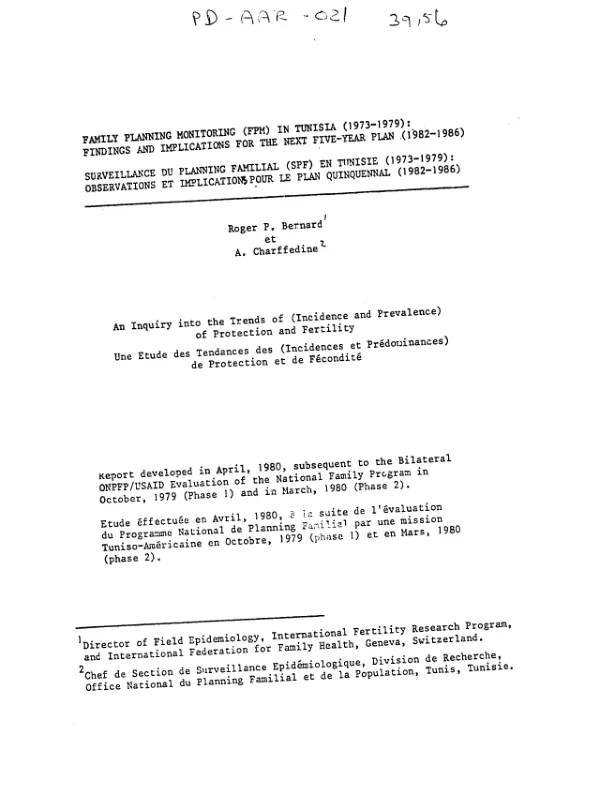 Family planning monitoring (FPM) in Tunisia (1973-1979) : findings and implications for the next five-year plan (1982-1986) = Surveillance du planning familial (SPF) en Tunisie (1973-1979) : observations et implications pour le plan quinquennal (1982-1986)