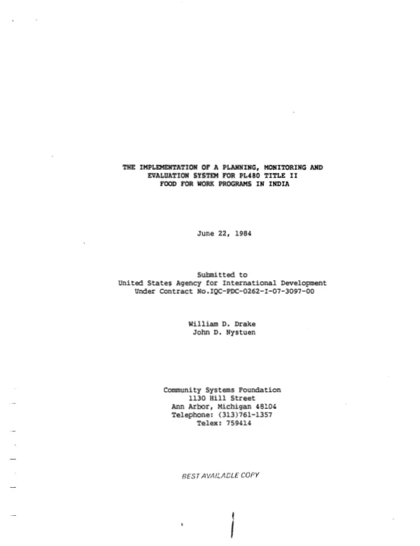Implementation of a planning, monitoring and evaluation system for PL-480 Title II Food For Work programs in India