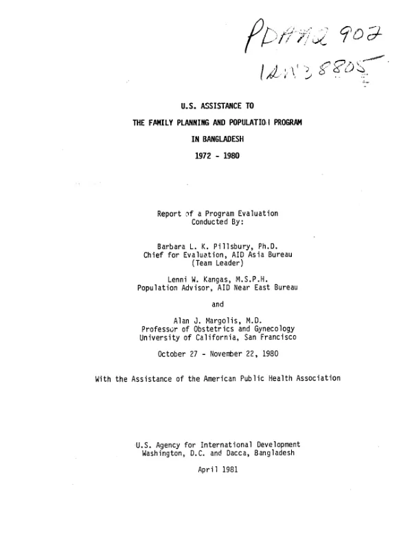 U.S. assistance to the family planning and population program in Bangladesh 1972-1980