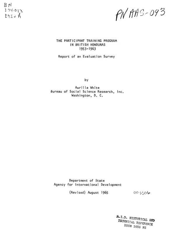 Participant training program in British Honduras, 1953-1963 : report of an evaluation survey
