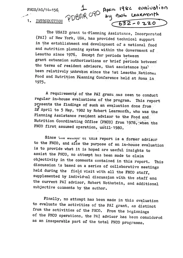 April 1982 evaluation by Bob Learmonth